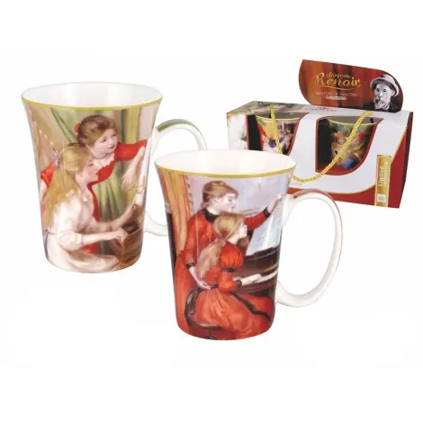 Komplet dwóch kubków Carmani 350ml - A. Renoir, Dziewczęta przy paninie i Lekcja gry na pianinie